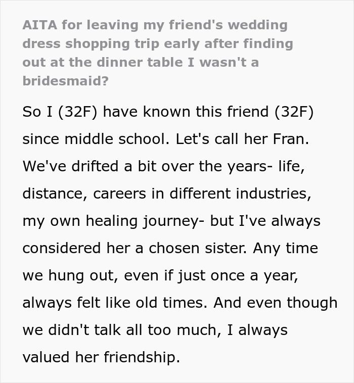 Text excerpt about a painful friendship wake-up call during a wedding dress shopping trip shared between longtime friends.