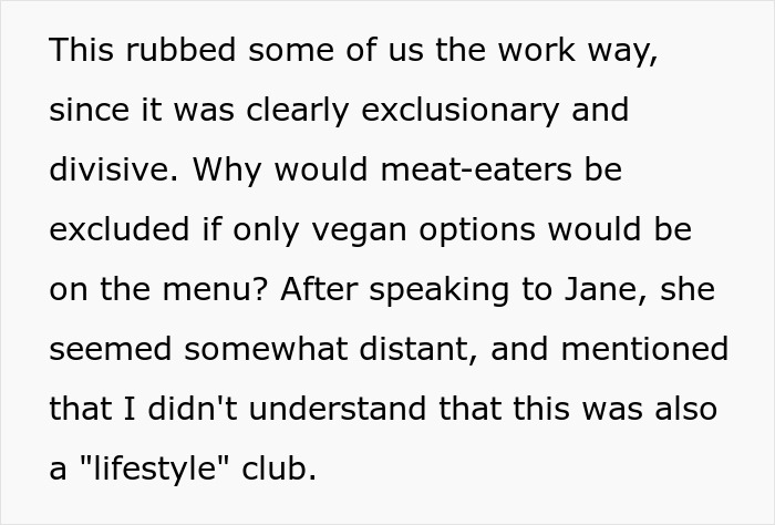 Text about employee pushback against vegan-only club, highlighting exclusion of meat-eaters and lifestyle club debate. Text about employee pushback against vegan-only club, highlighting exclusion of meat-eaters and lifestyle club debate.