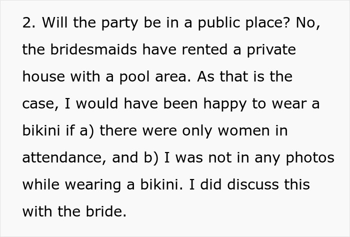 Text explaining reasons a Muslim daughter-in-law refuses to wear bikini at bridal party hosted in private pool area. Text explaining reasons a Muslim daughter-in-law refuses to wear bikini at bridal party hosted in private pool area.