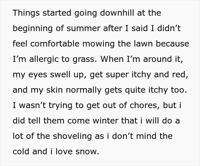 Text excerpt about allergic reaction to grass, describing itchy red eyes and skin symptoms in a casual tone. Text excerpt about allergic reaction to grass, describing itchy red eyes and skin symptoms in a casual tone.