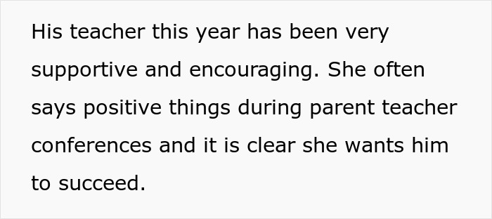 Screenshot of text describing a supportive teacher encouraging a student’s success during parent teacher conferences. Screenshot of text describing a supportive teacher encouraging a student’s success during parent teacher conferences.