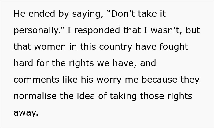 Text excerpt from a story where a coworker tells a woman she should stay home and birth babies causing conflict.