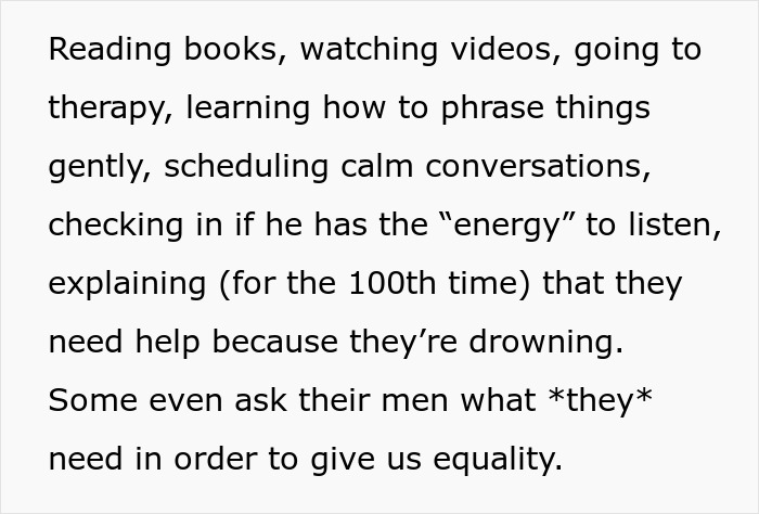 Text about single woman tired of patterns men in relationships follow, highlighting emotional exhaustion and inequality efforts.