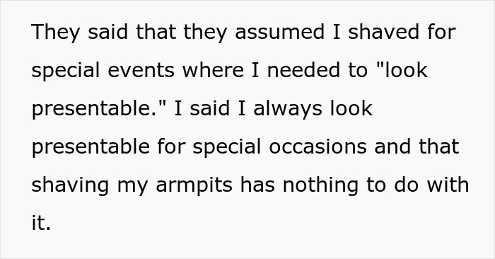 Woman responds to bride and groom’s criticism about her hairy armpits causing guests to feel uncomfortable. Woman responds to bride and groom’s criticism about her hairy armpits causing guests to feel uncomfortable.