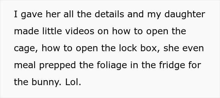 Text describing detailed bunny care instructions given to a trusted friend who later goes missing during vacation.