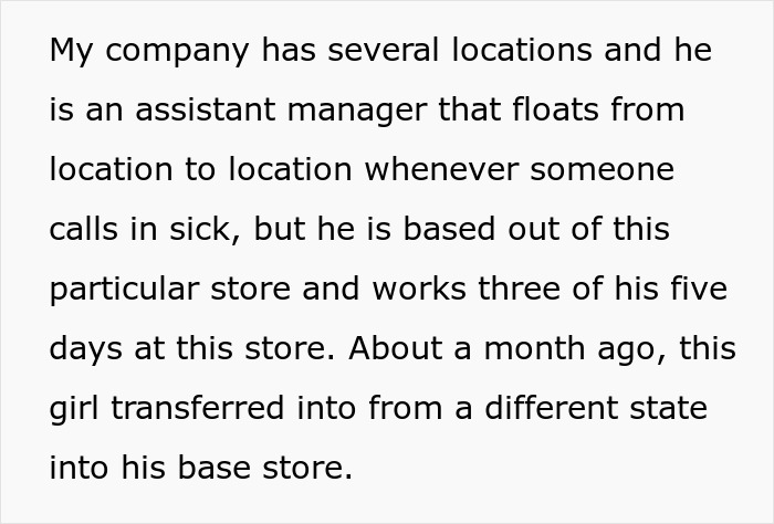 Text excerpt describing an assistant manager working at multiple locations and a girl transferring to his base store.