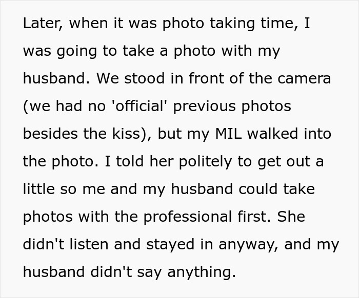 Text about MIL wearing a white dress at son's wedding and causing bride to exclude her from photos. Text about MIL wearing a white dress at son's wedding and causing bride to exclude her from photos.