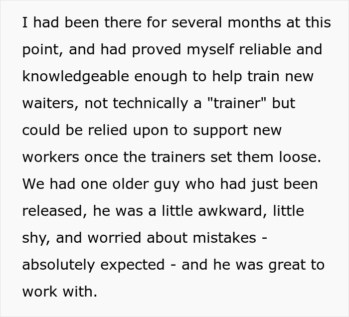 Text excerpt about a reliable waitress helping train new waiters and supporting staff at a restaurant.