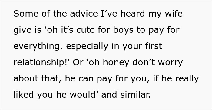 Text excerpt explaining a dad calling out wife after she teaches their daughter to treat her boyfriend like a personal ATM.
