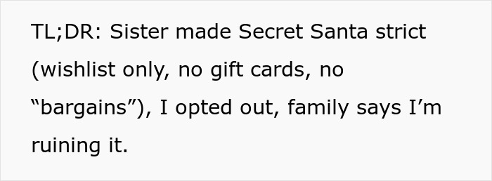 Alt text: Woman drops out of family Secret Santa after sister turns it into a luxe shopping list conflict.