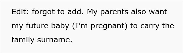 Text post about parents wanting future baby to carry the family surname, related to gay bro and family conflict issues. Text post about parents wanting future baby to carry the family surname, related to gay bro and family conflict issues.