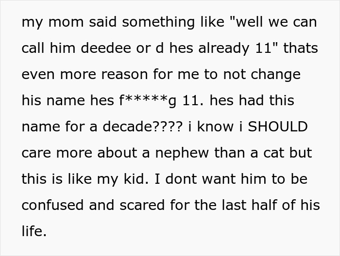Text excerpt on a white background about a sister demanding the family rehomes or renames 11-year-old cat sharing a name with her son. Text excerpt on a white background about a sister demanding the family rehomes or renames 11-year-old cat sharing a name with her son.
