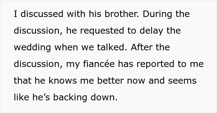 Text excerpt about man discussing wedding delay with brother amid fiancée’s family hiring PI to find dirt before marriage. Text excerpt about man discussing wedding delay with brother amid fiancée’s family hiring PI to find dirt before marriage.