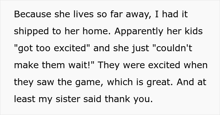 Text about a woman thinking she deserves another Christmas gift after opening one early, receiving a reality check. Text about a woman thinking she deserves another Christmas gift after opening one early, receiving a reality check.