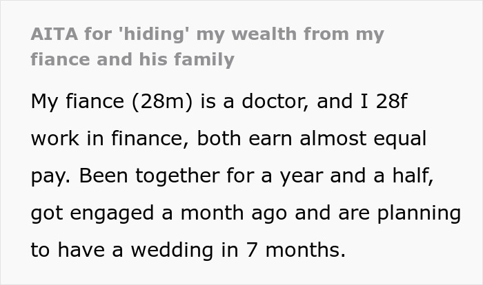 Text excerpt about a woman and her doctor fiance's engagement, highlighting hidden wealth and family prenup demands. Text excerpt about a woman and her doctor fiance's engagement, highlighting hidden wealth and family prenup demands.
