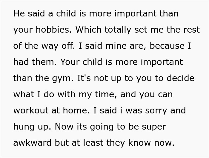 Text excerpt about a conflict where a couple prioritizes gym over babysitting, expecting the aunt to give up her hobbies.