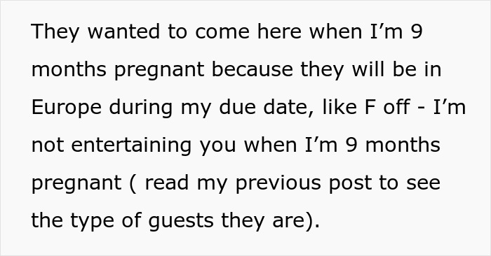 Text post expressing frustration about pregnancy plans and guests, highlighting husband not standing up to mother.