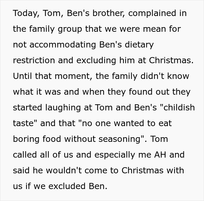 Text excerpt about picky eater causing family conflict over Christmas menu changes and getting a reality check from relatives. Text excerpt about picky eater causing family conflict over Christmas menu changes and getting a reality check from relatives.