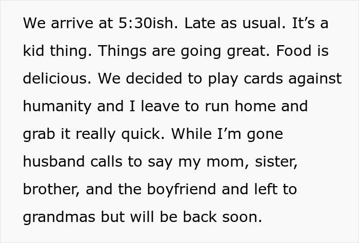 Text excerpt describing a woman feeling like she ruined Thanksgiving after family left dinner early and she blew up at them.