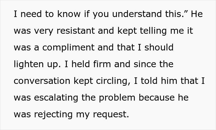 Text excerpt showing a woman weirded out as coworker insists on calling her his work mom in a conversation.