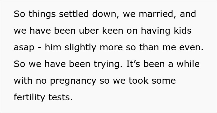 Text excerpt discussing attempts to have children and taking fertility tests amid concerns about future child’s health. Text excerpt discussing attempts to have children and taking fertility tests amid concerns about future child’s health.