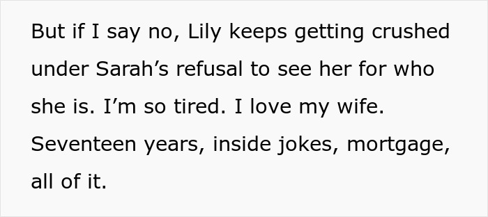 Text showing family tension as wife expresses transphobic views after son comes out, husband feeling family is imploding.