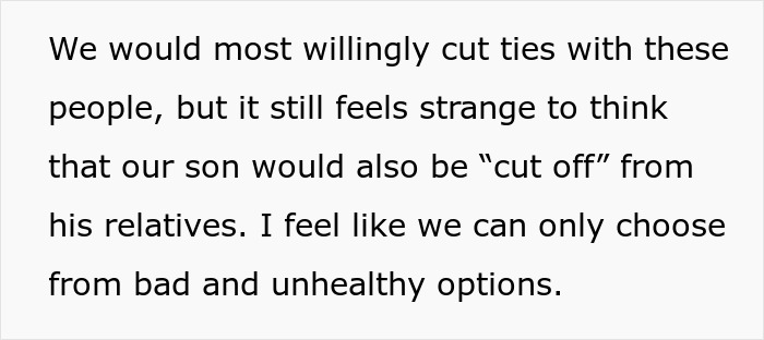 Text excerpt discussing family conflict and feeling forced to choose from unhealthy options amid tensions with MIL and DIL.