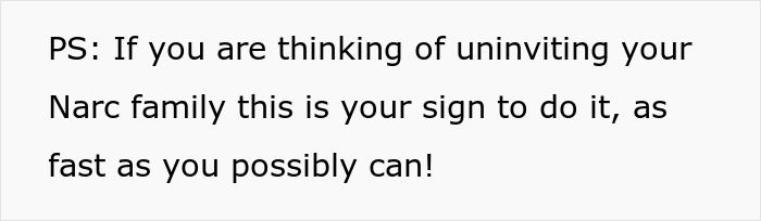 Text excerpt on a white background advising to uninvite narc family quickly, related to bride&rsquo;s parents tantrums at wedding.