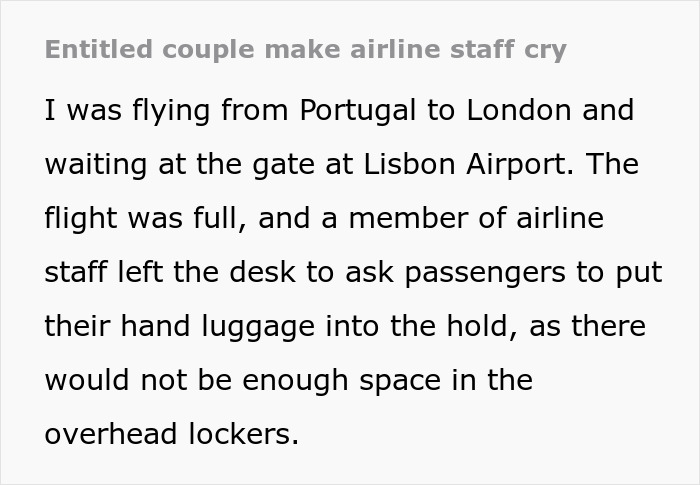 Entitled British woman confronts airline staff over luggage policy, causing emotional distress to worker at airport gate. Entitled British woman confronts airline staff over luggage policy, causing emotional distress to worker at airport gate.
