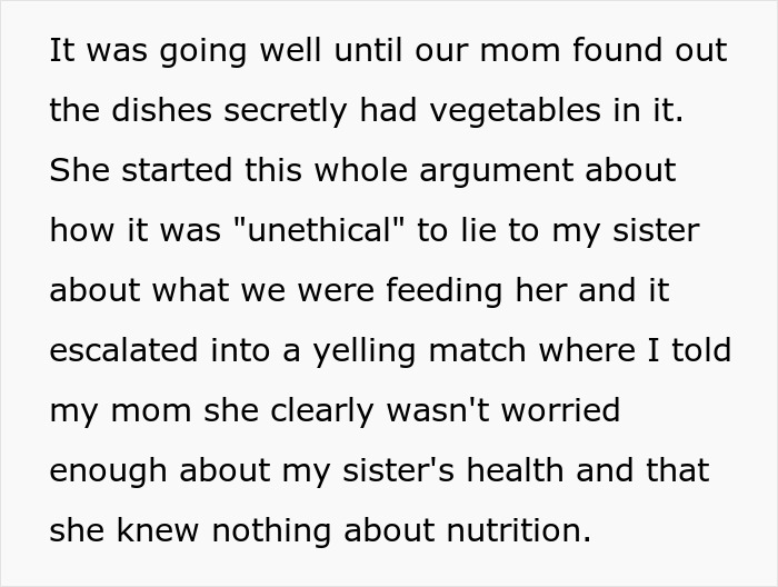 Text about mom confronting sister for secretly adding vegetables to meals to protect teen’s health, causing family conflict. Text about mom confronting sister for secretly adding vegetables to meals to protect teen’s health, causing family conflict.