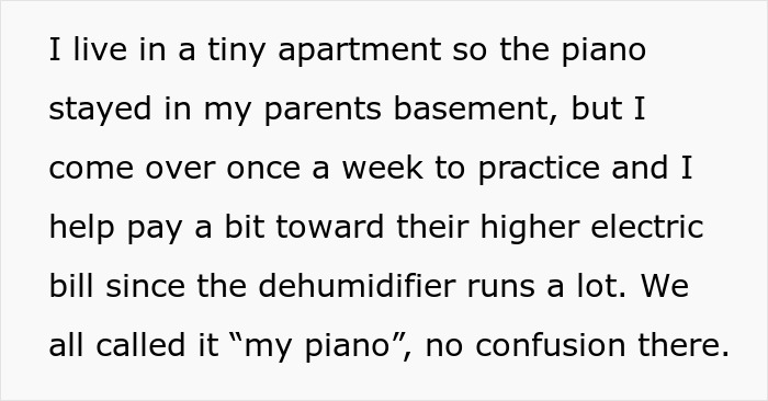 Text excerpt about a daughter practicing piano in parents&rsquo; basement before donating inherited piano to church.