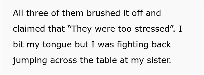 Text excerpt highlighting a conflict where entitled behavior by husband and son causes sister to take action. Text excerpt highlighting a conflict where entitled behavior by husband and son causes sister to take action.