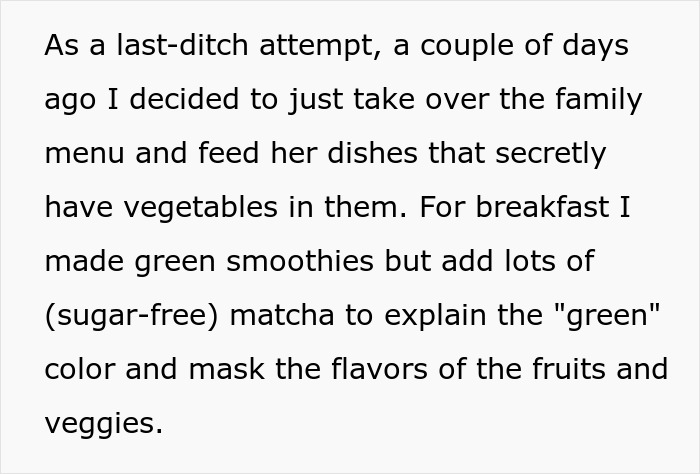 Text block describing a sister sneaking vegetables into meals to protect a teen’s health, including green smoothies with matcha. Text block describing a sister sneaking vegetables into meals to protect a teen’s health, including green smoothies with matcha.