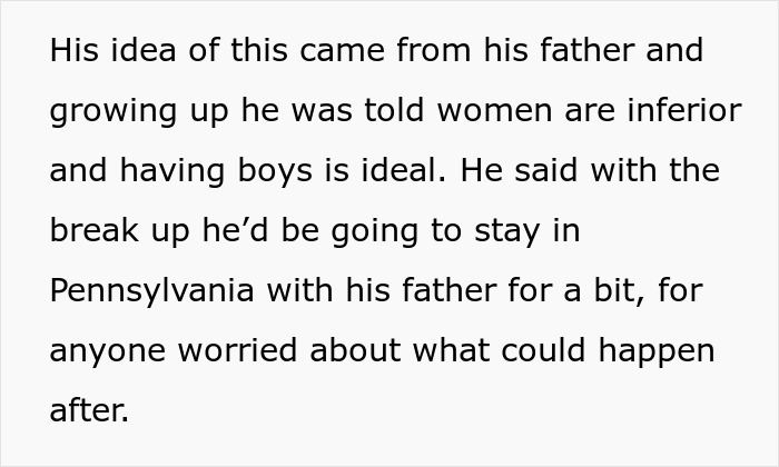 Text explaining boyfriend’s belief in boys being ideal and woman appalled by comment about future kids. Text explaining boyfriend’s belief in boys being ideal and woman appalled by comment about future kids.