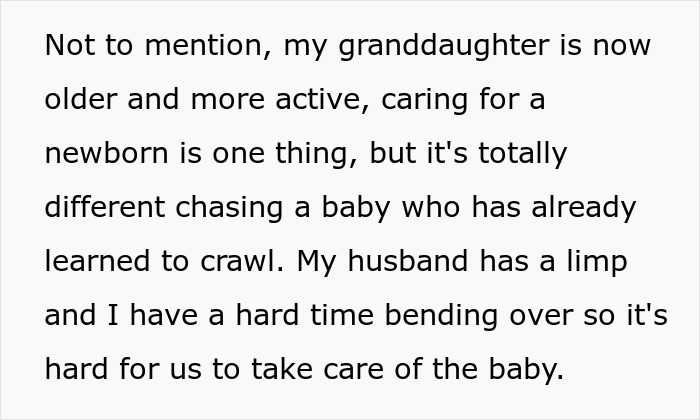Refuse taking care granddaughter free due to difficulty chasing active baby and physical challenges of seniors. Refuse taking care granddaughter free due to difficulty chasing active baby and physical challenges of seniors.