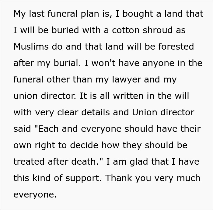 Text excerpt explaining a personal funeral plan involving no traditional ceremony and support from union director after death decisions. Text excerpt explaining a personal funeral plan involving no traditional ceremony and support from union director after death decisions.
