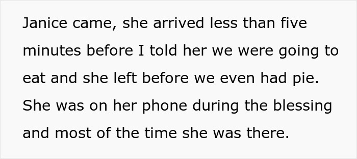 Text excerpt describing a Thanksgiving guest arriving late, leaving early, and being disengaged during the meal.