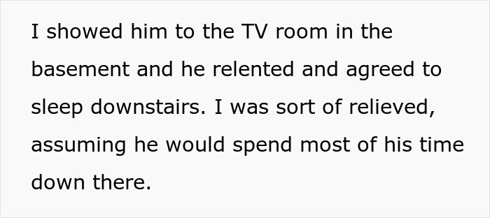 Text excerpt discussing a woman showing someone the TV room where he agreed to sleep downstairs. Text excerpt discussing a woman showing someone the TV room where he agreed to sleep downstairs.