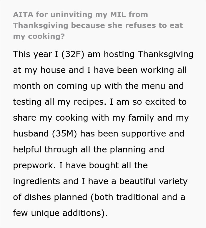 Text post about a picky-eater MIL demanding to bring her own food to Thanksgiving dinner, causing family tension.