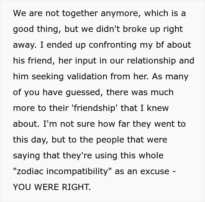 Woman confronts cheating boyfriend and astrology-obsessed friend, citing zodiac incompatibility and Cancer traits in breakup.