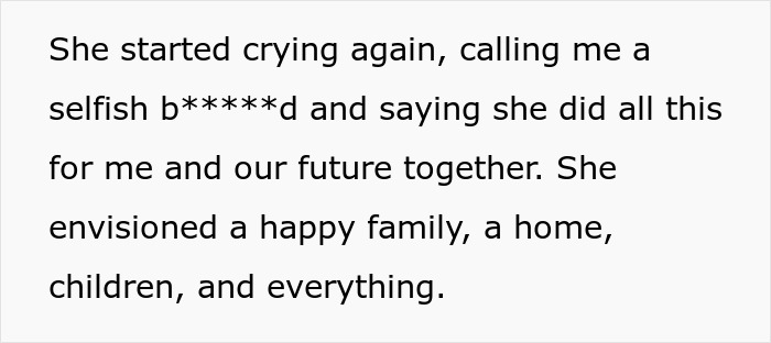 Text excerpt showing a man’s struggle in his relationship as his girlfriend pressures him to lie about his career.