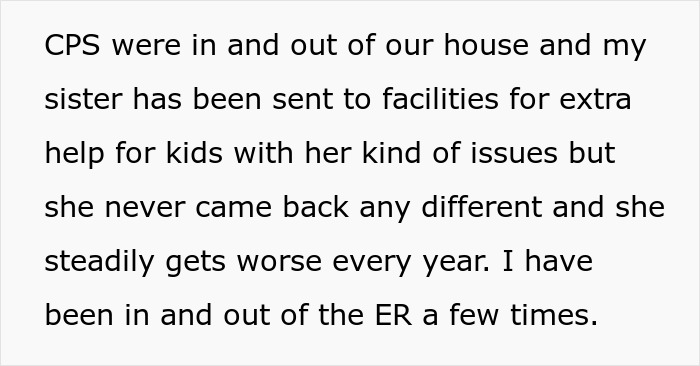 Text discussing a teen living in fear of his violent sister, with parents unable to believe his hatred toward them.