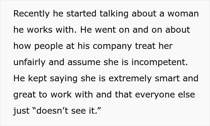 Text excerpt about a boyfriend discussing misogyny faced by a female colleague and jealousy from his girlfriend. Text excerpt about a boyfriend discussing misogyny faced by a female colleague and jealousy from his girlfriend.
