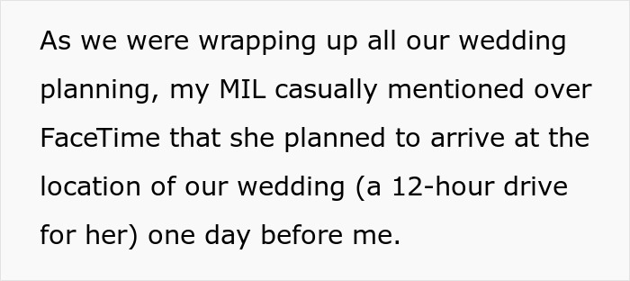 Text excerpt from a mil demanding wedding venue changes and causing plans to be stuck in a storm. Text excerpt from a mil demanding wedding venue changes and causing plans to be stuck in a storm.