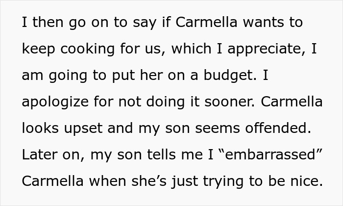 Text excerpt showing a mom accusing her son of embarrassing his girlfriend who offered to cook meals for them. Text excerpt showing a mom accusing her son of embarrassing his girlfriend who offered to cook meals for them.