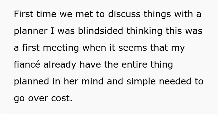 Man upset during wedding planning meeting after fianc&eacute;e demands $35k payment, causing debt and value clashes.