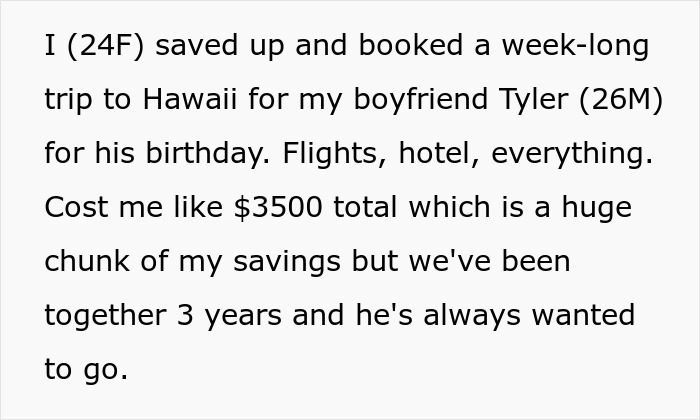 Text describing a woman’s fully paid Hawaii trip booked for her boyfriend, highlighting spending to prove herself. Text describing a woman’s fully paid Hawaii trip booked for her boyfriend, highlighting spending to prove herself.