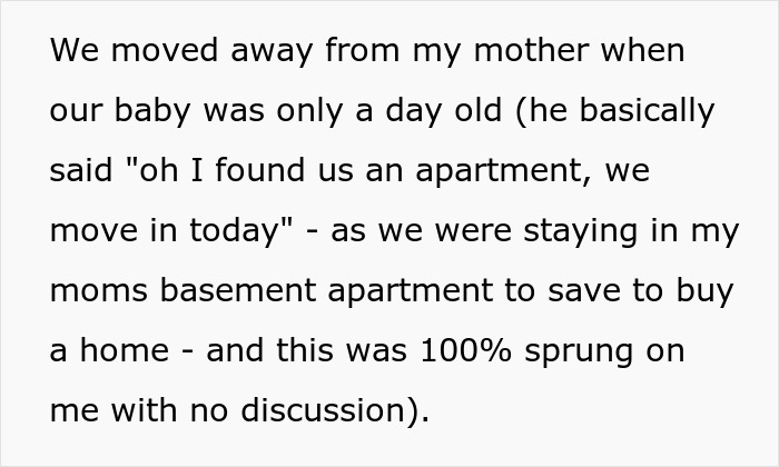Text excerpt from a stay-at-home mom describing moving away with a baby amid relationship challenges and chores.