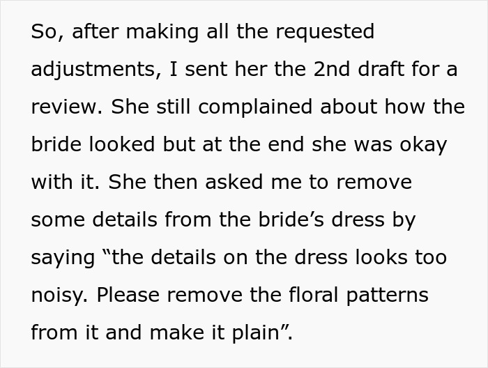 Text showing a message about adjustments to a wedding illustration and complaints about the bride's appearance. Text showing a message about adjustments to a wedding illustration and complaints about the bride's appearance.