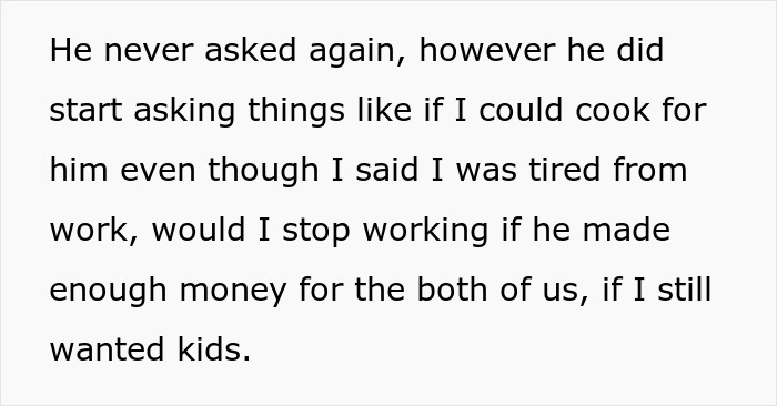 Text excerpt discussing relationship questions about cooking, work, money, and having kids in a couple’s conversation. Text excerpt discussing relationship questions about cooking, work, money, and having kids in a couple’s conversation.